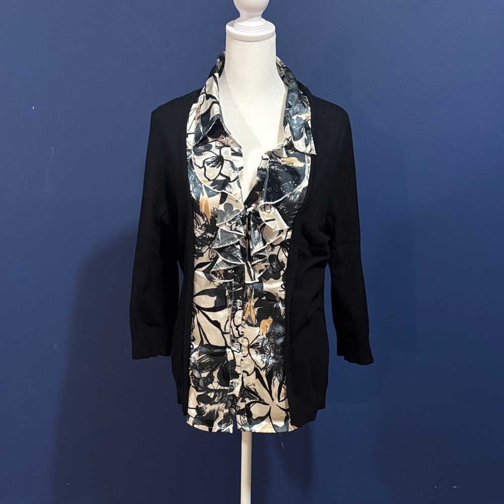 Dress Barn Black and Cream Floral Blouse